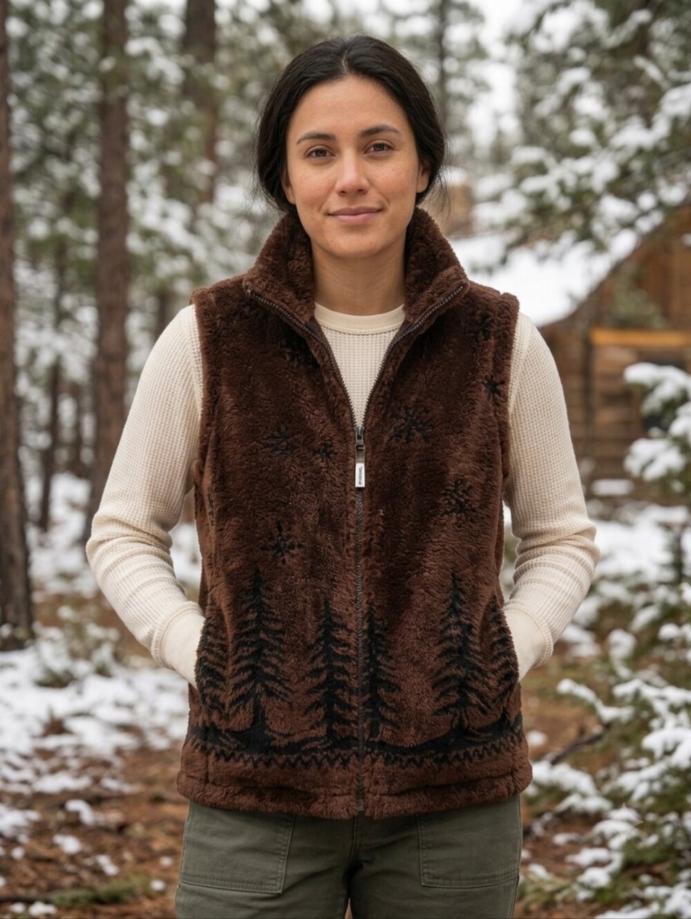 Vintage Cobblestone Canyon Brown Fleece Vest Pine Tree Snowflake Made in USA XL